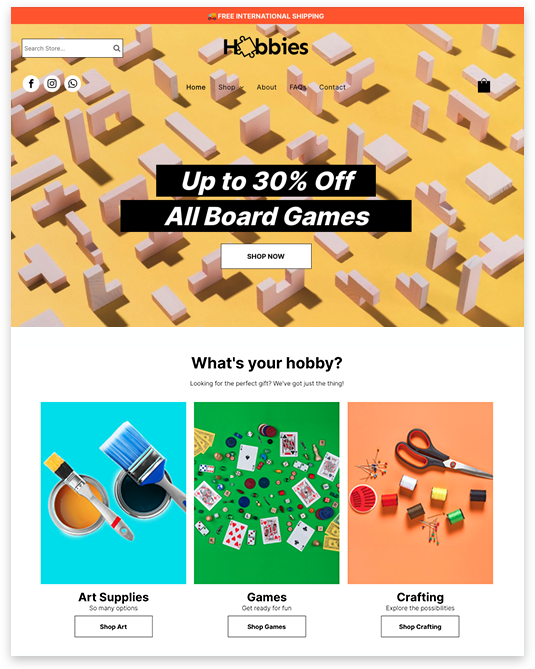 Website advertisement with sale on board games and links to art supplies, games, and crafting.