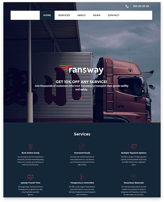 Website homepage: Truck and services promotion with a navy and red color scheme.