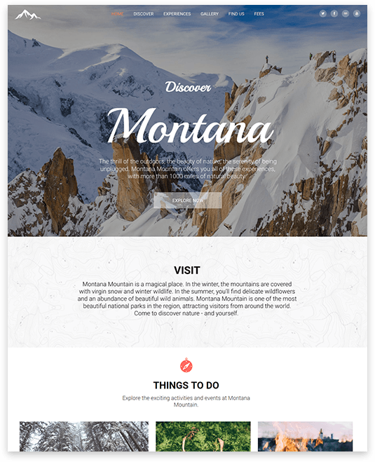 Website header promoting Montana tourism; snow-capped mountains, call to action: