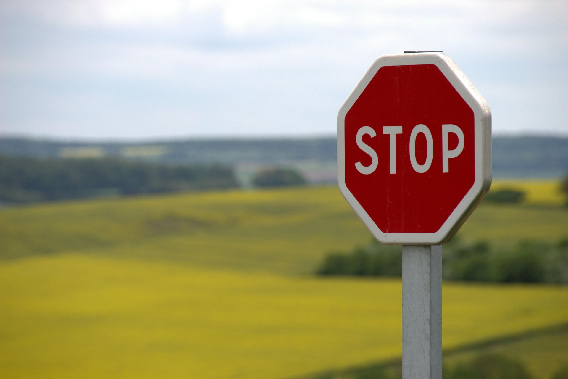 Red stop sign in front of a field and green trees under a cloudy sky.