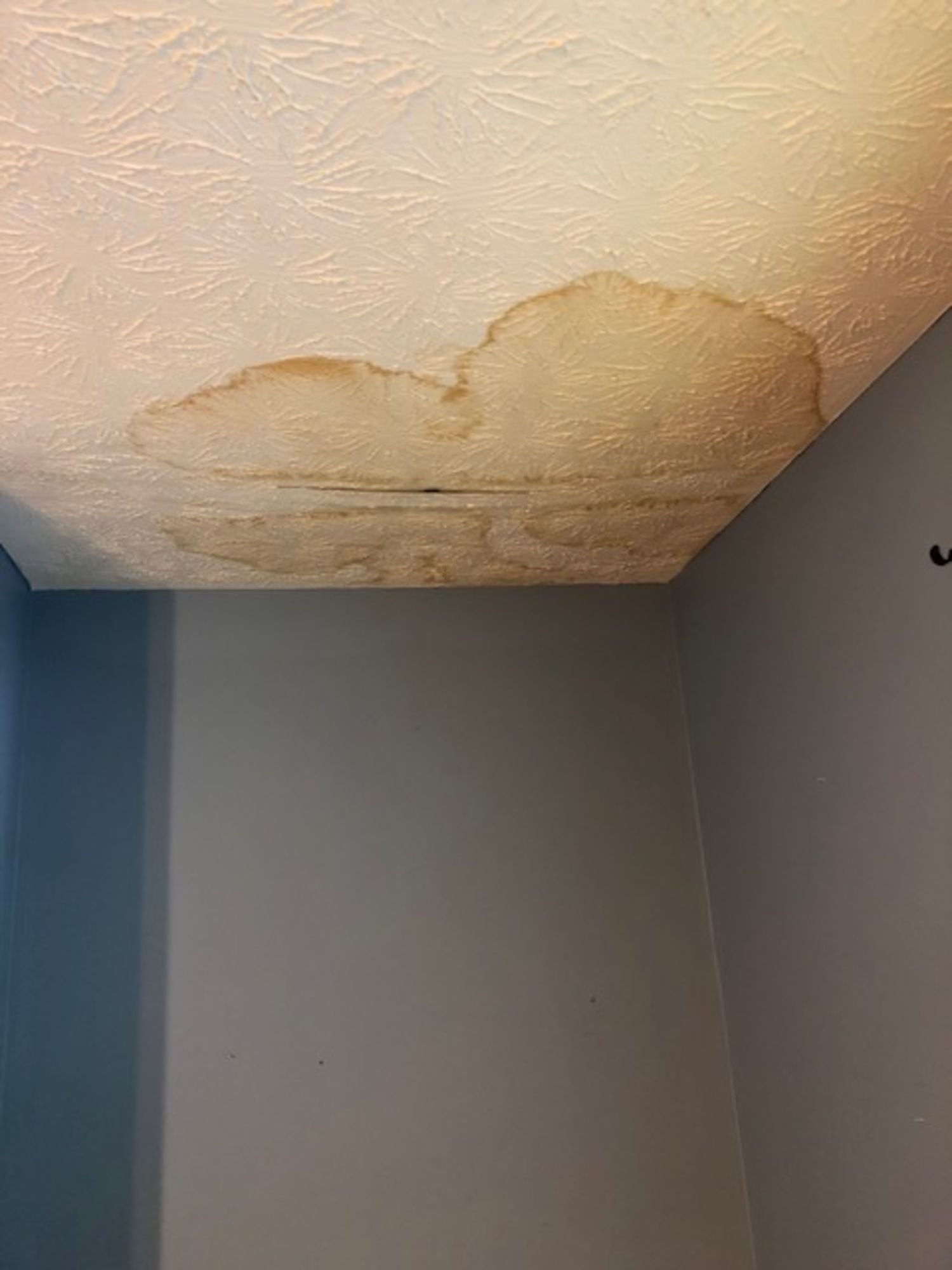 There is a stain on the ceiling of a room.