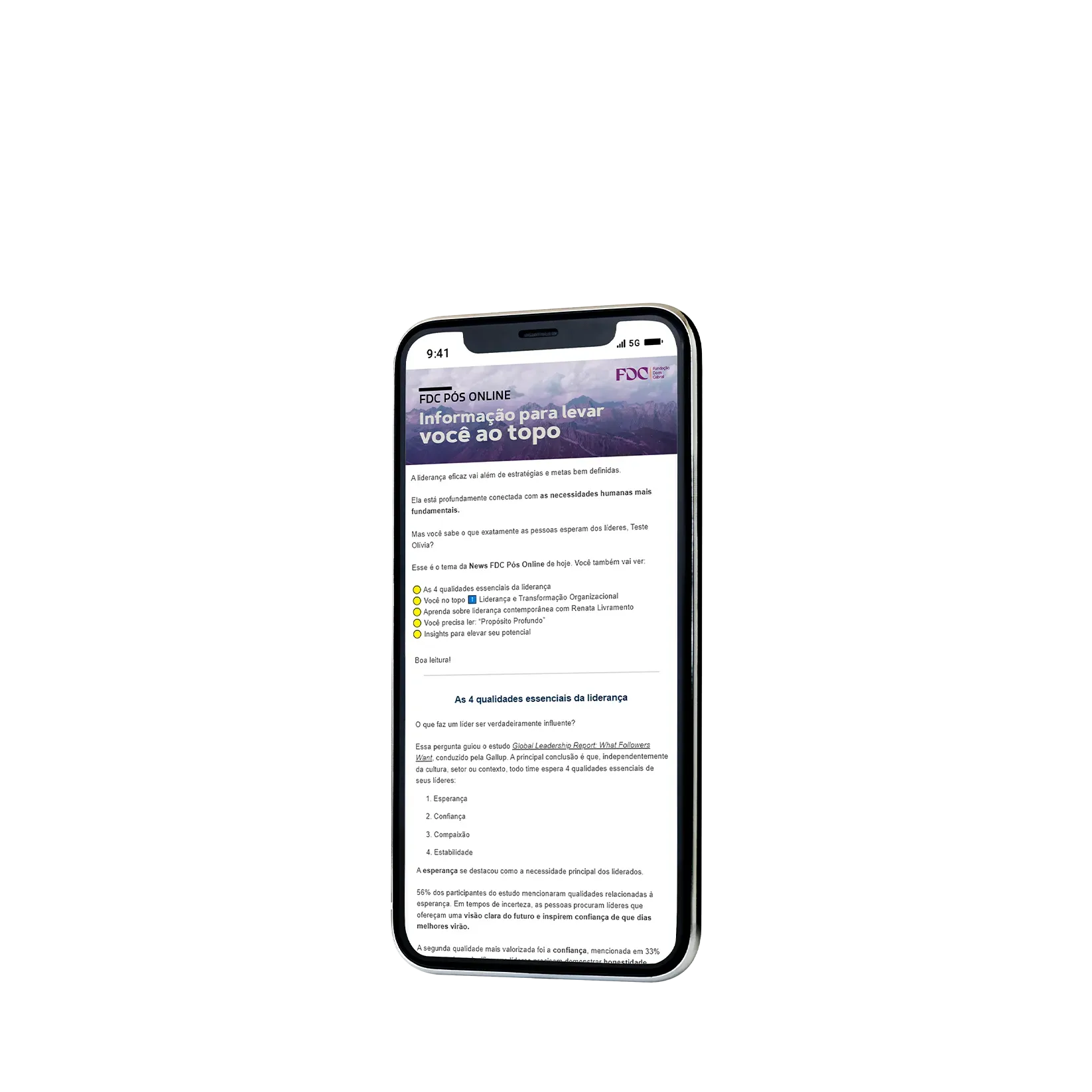 Um celular está exibindo um e-mail na tela.