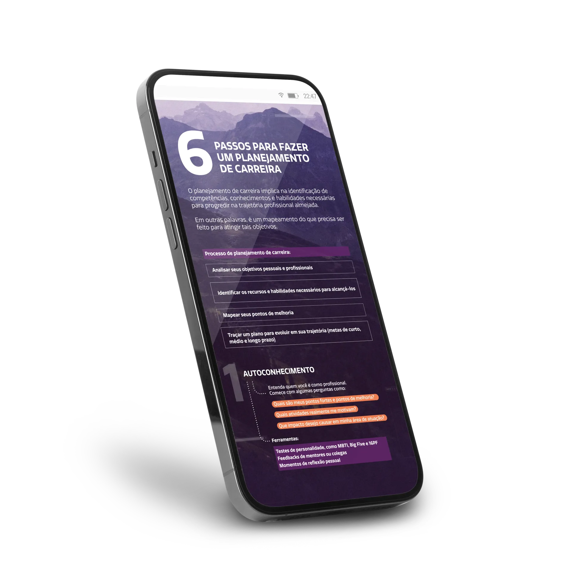 Um telefone celular está sobre uma superfície branca com o título 6 passos para fazer um Planejamento de Carreira.