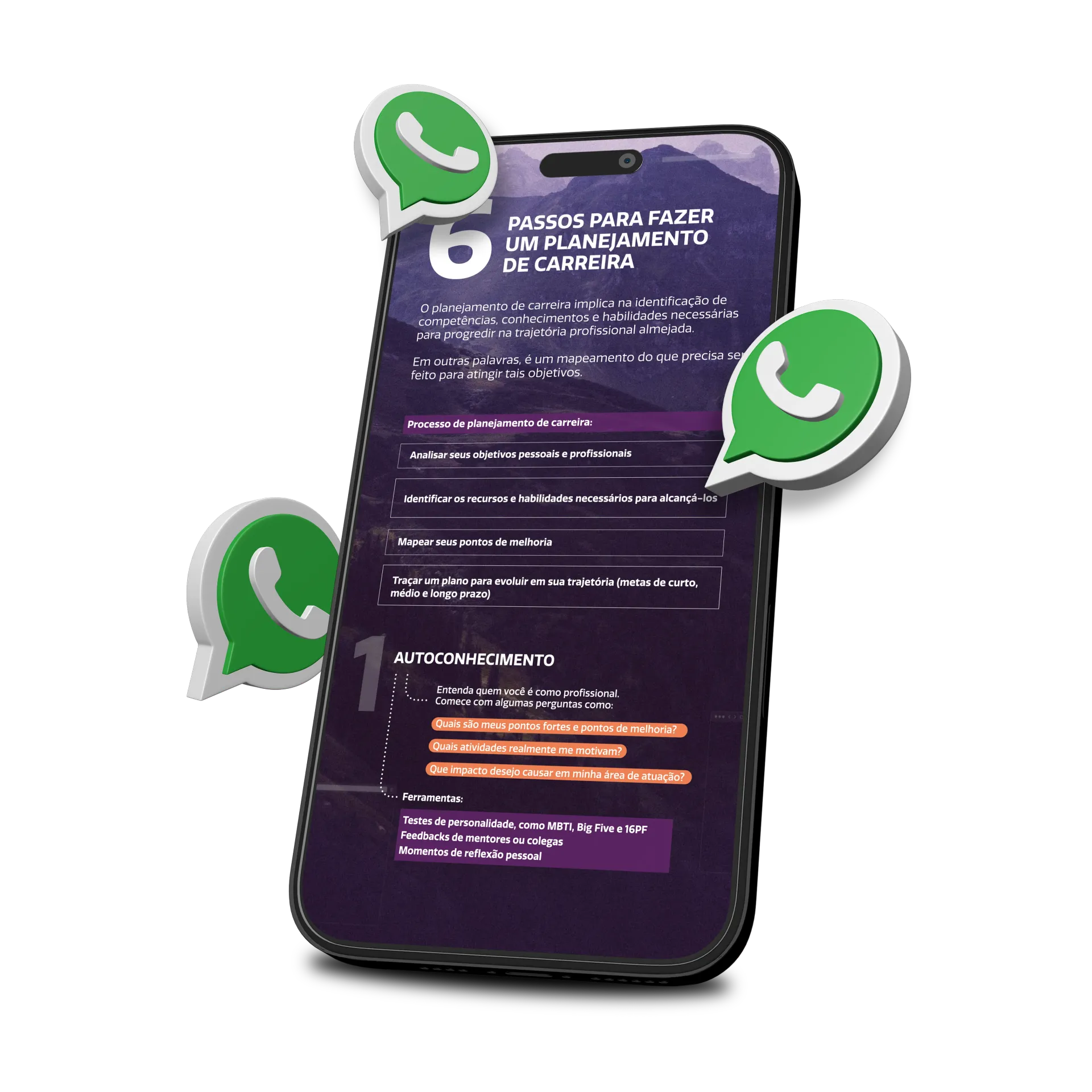 Um celular com três bolhas do WhatsApp flutuando ao redor dele. Com o título 6 passos para fazer um Planejamento de Carreira.