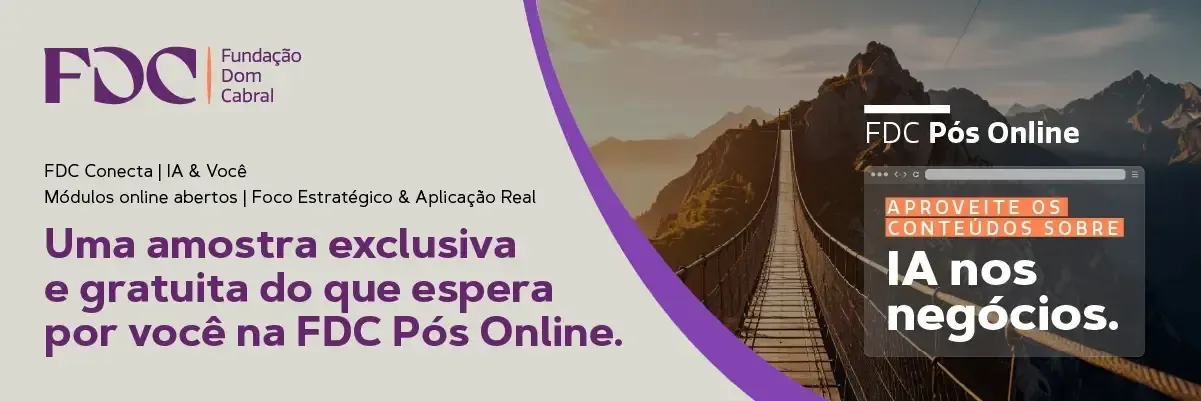 Anúncio do FDC Pós Online com texto sobre amostra grátis, ponte na montanha e 