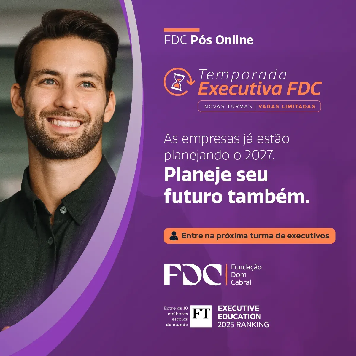 Banner roxo do FDC Pós Online com homem sorrindo e texto sobre a Formação Executiva FDC.