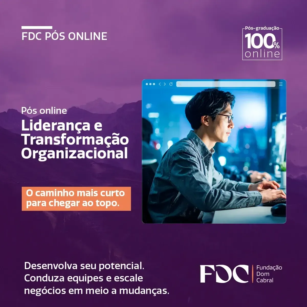 Advertisement for online leadership course, featuring a man working on a computer and the FDC logo.