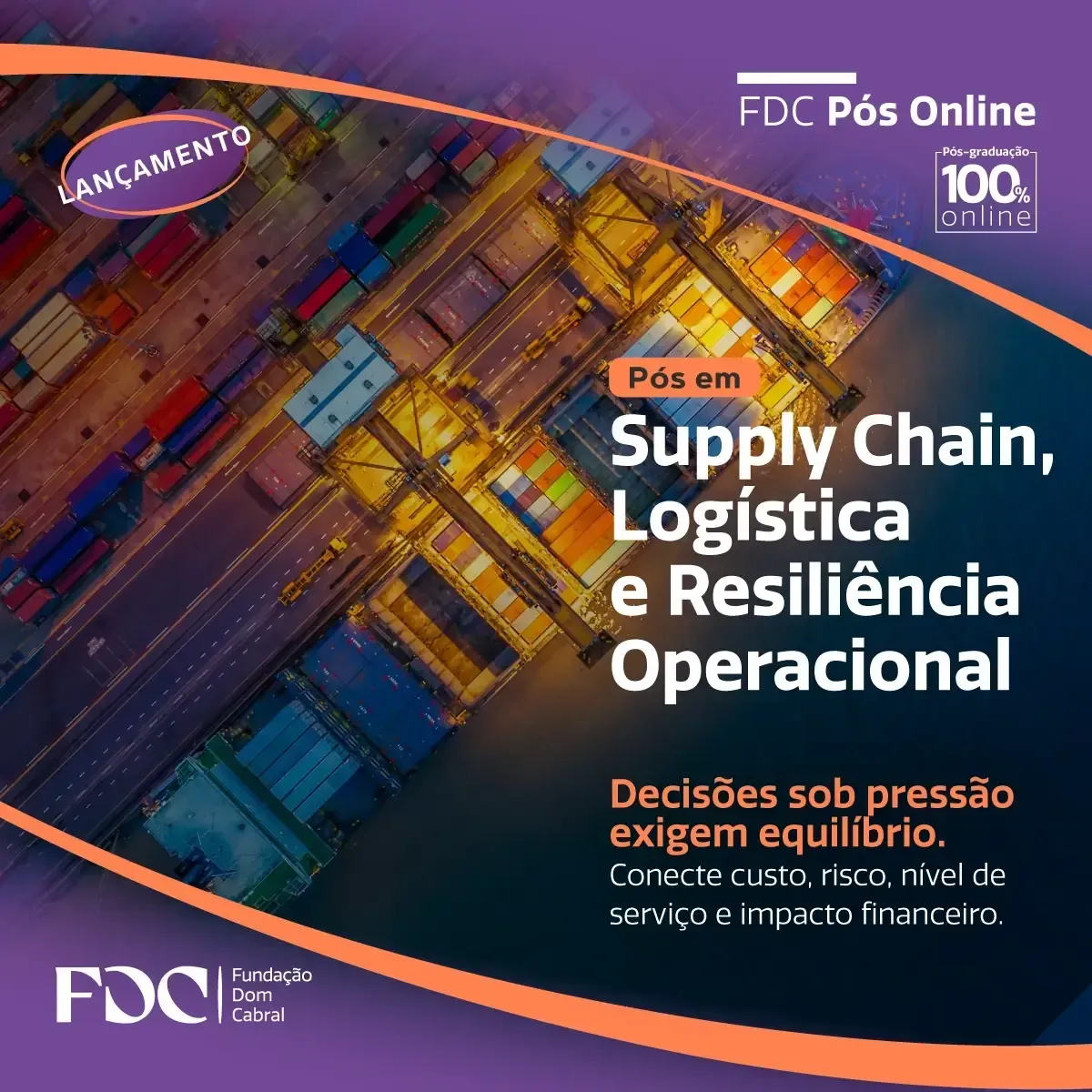 Pôster roxo e laranja sobre Supply Chain, Logística e Resiliência Operacional, com contêineres ao fundo.