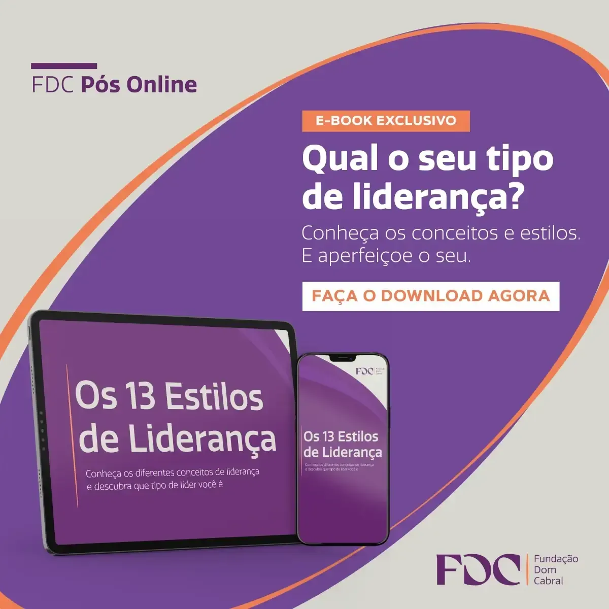 Advertisement for leadership ebook, featuring tablet and phone. Purple, orange and white design.