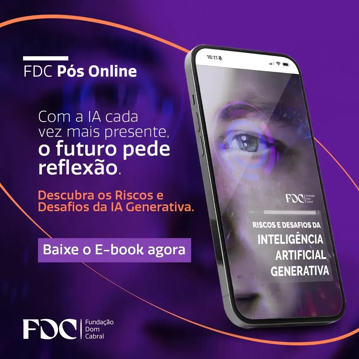 A digital ad for an FDC e-book on generative AI risks, featuring a smartphone display against a purple background.