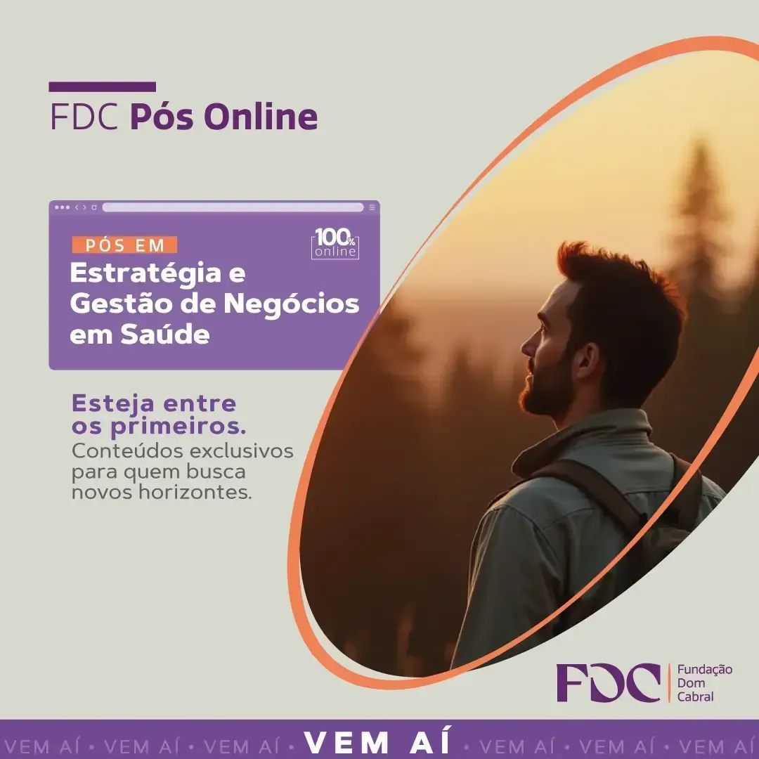 Advertisement for FDC online postgraduate program: Strategy and Business Management in Health, featuring a man looking at a sunset.