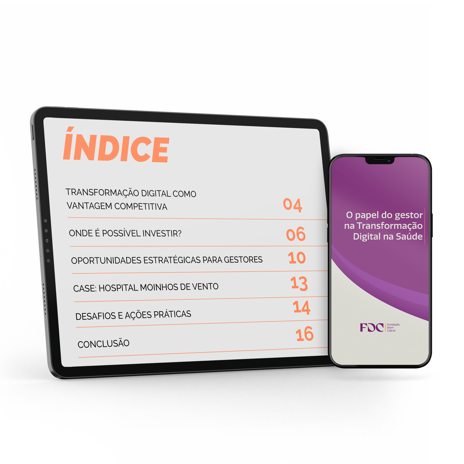 Um tablet branco com a imagem de um livro com o título