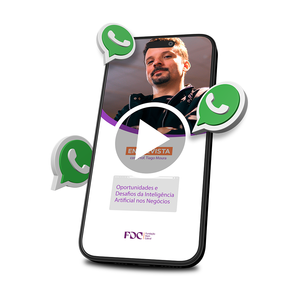 Um celular com o logotipo do WhatsApp na tela com um livro de Ken Blanchard nele.
