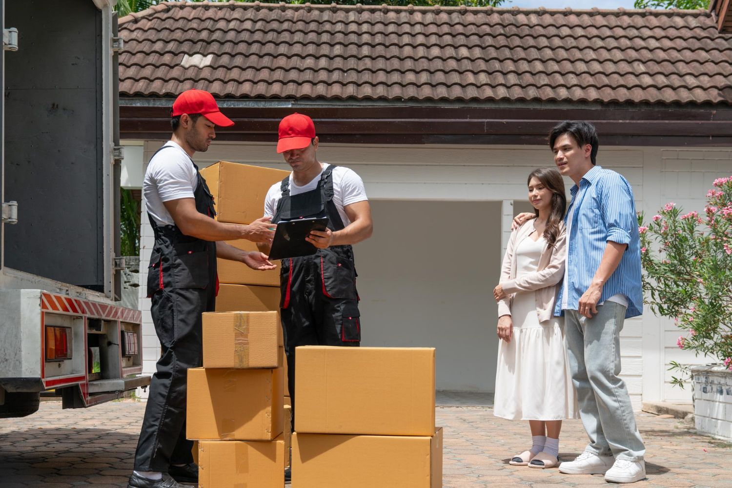 A family is standing in front of a moving truck.