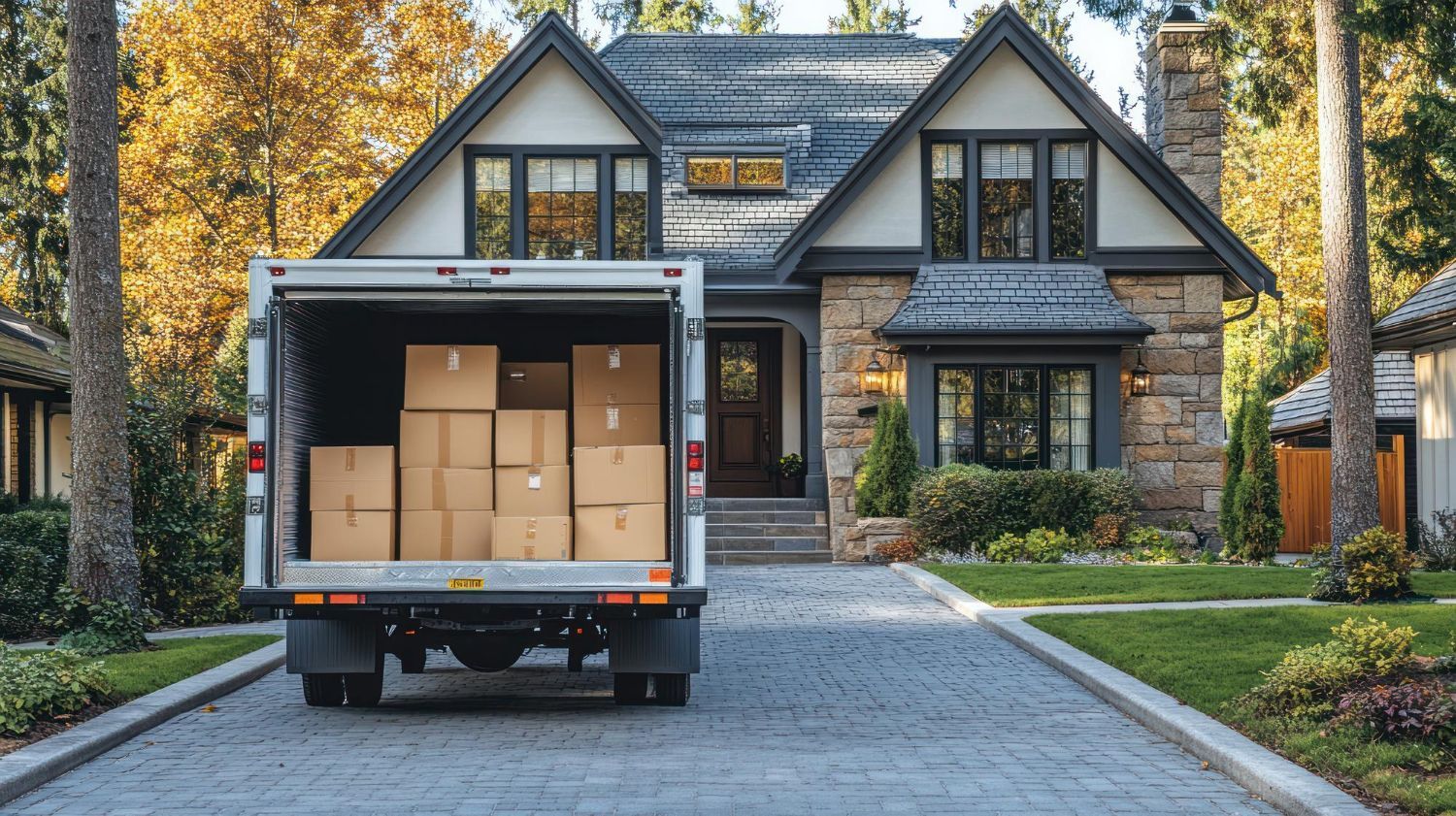 A moving truck is parked in front of a large house.