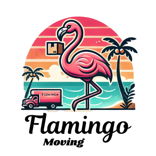 A flamingo is standing next to a moving truck on a beach.
