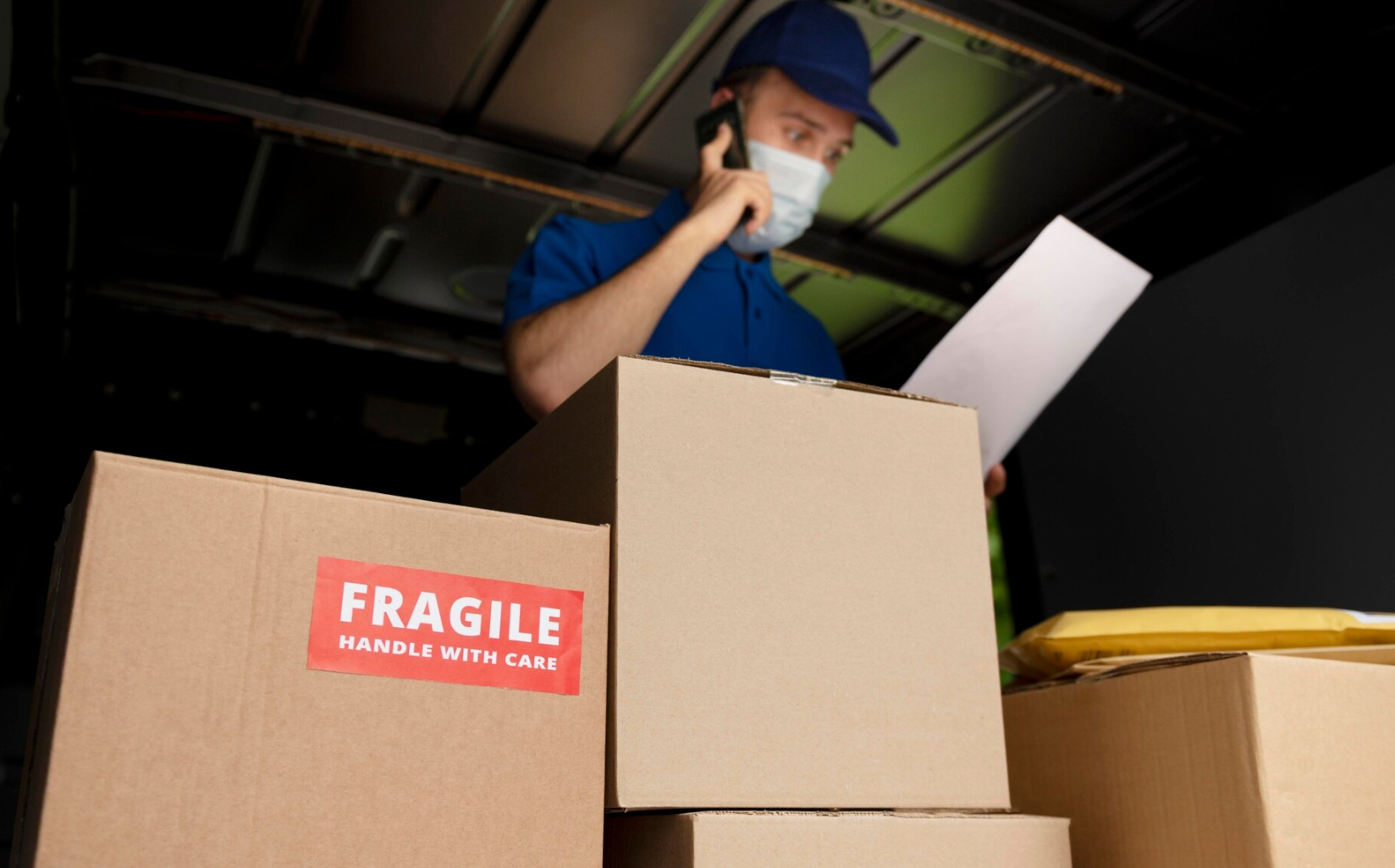 A delivery man wearing a mask is talking on a cell phone while looking at a piece of paper.
