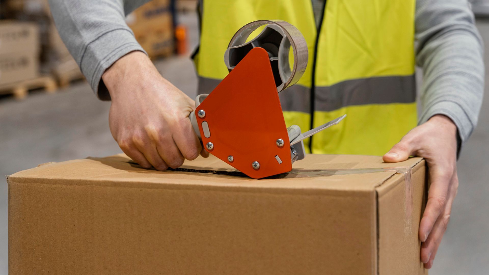 A man in a yellow vest is taping a cardboard box in a warehouse.