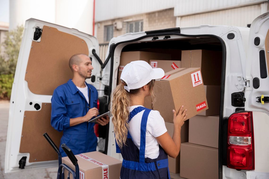 A man and a woman are loading boxes into a van.