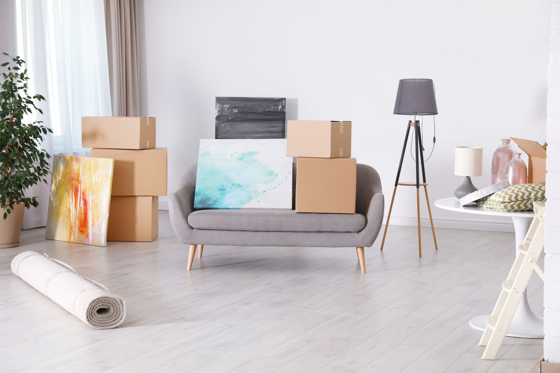A living room filled with boxes and a couch.