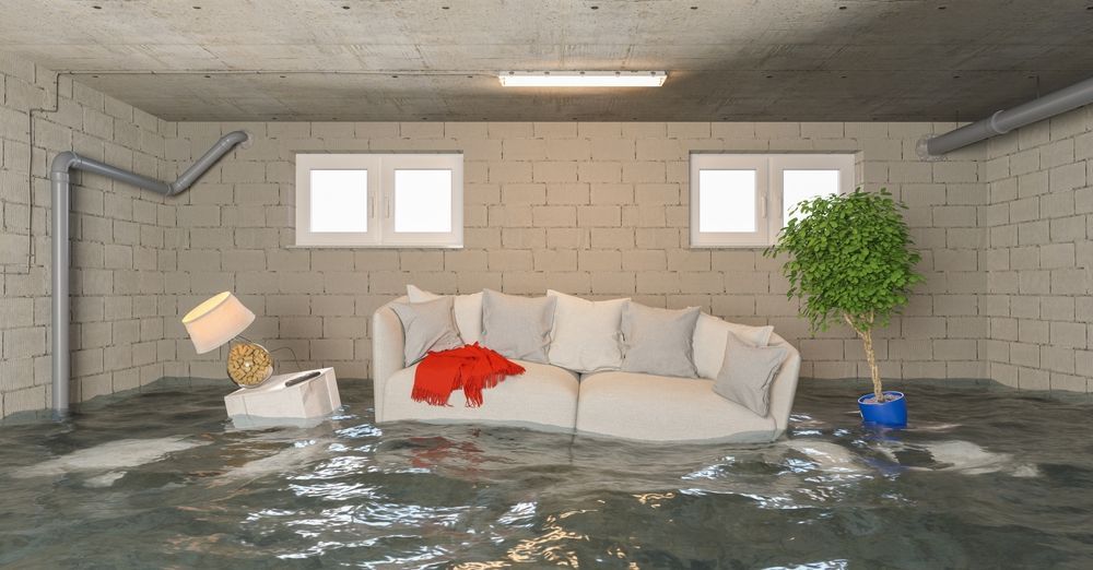 A living room in a flooded basement with a couch and a lamp.