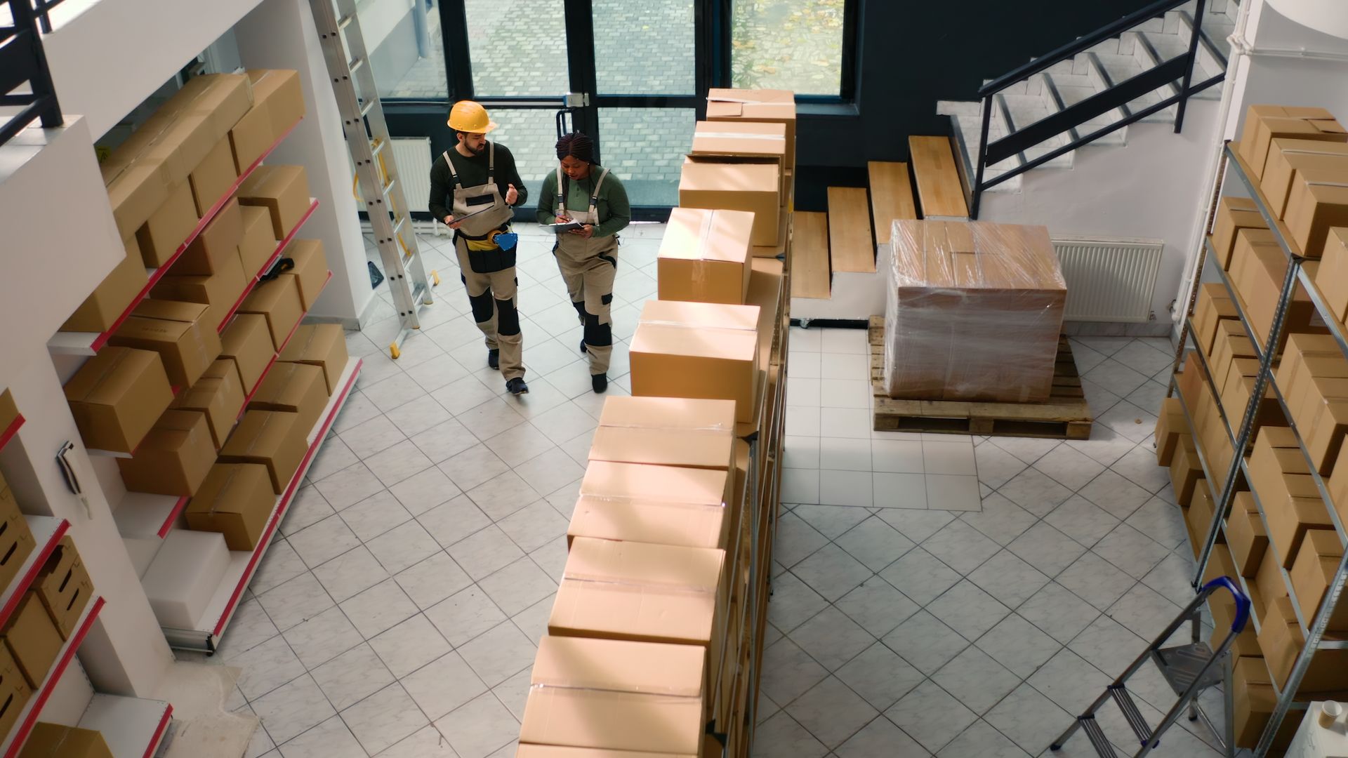 Two men are walking through a warehouse filled with lots of boxes.