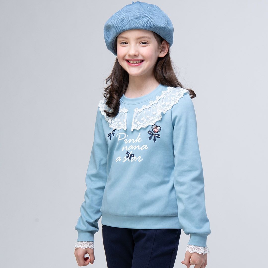 粉紅娜娜童裝/印圖蕾絲荷葉上衣63102