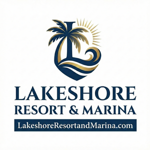 Logo for Lakeshore Resort & Marina: blue and gold emblem with palm tree, waves, and sun,