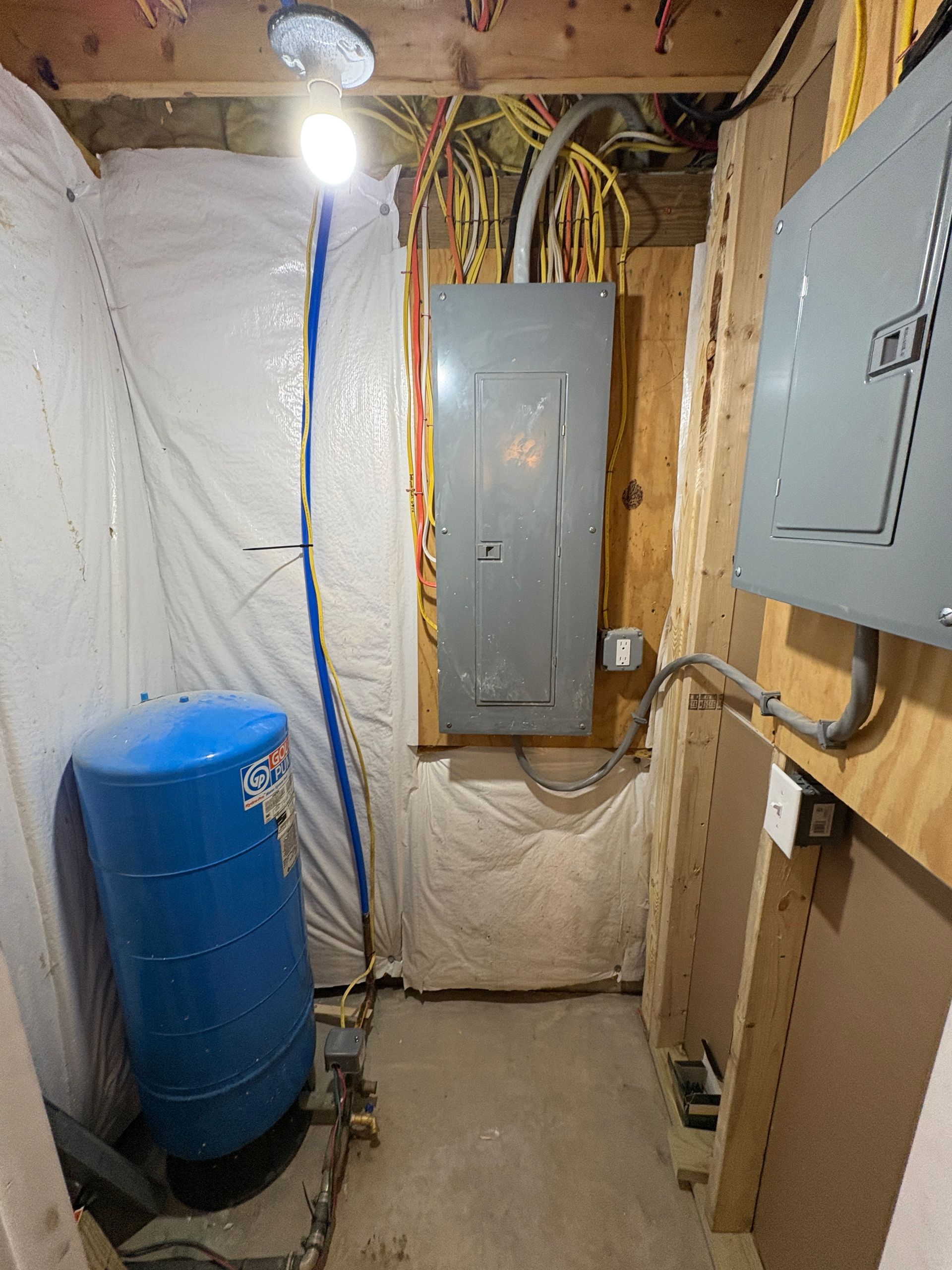 Basement with electrical panels, a water tank, and exposed wiring.