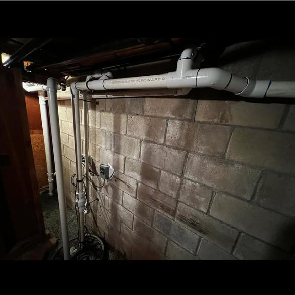 Pipes and wiring on a cinder block basement wall; dampness and shadows visible.