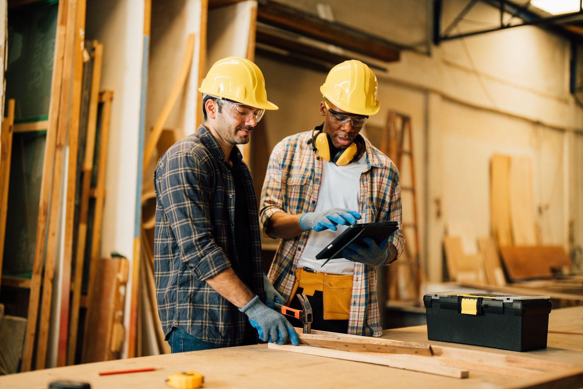 Two construction workers in a workshop looking at a tablet, wearing hard hats and working on wood. Two construction workers in a workshop looking at a tablet, wearing hard hats and working on wood.