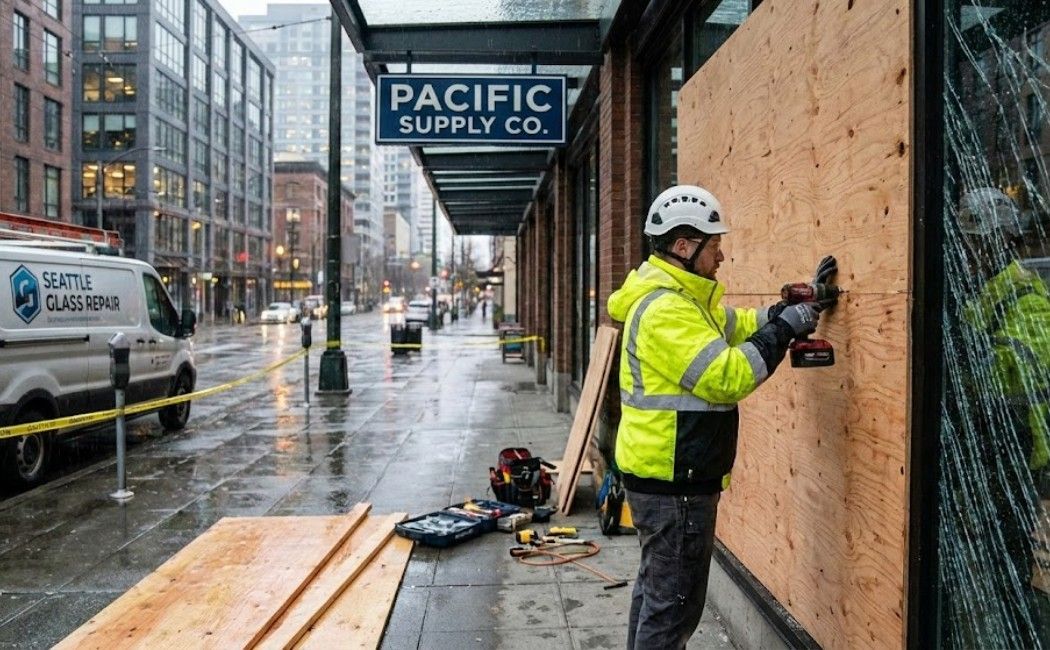 Emergency glass repair technician boarding a broken window in King County, Washington