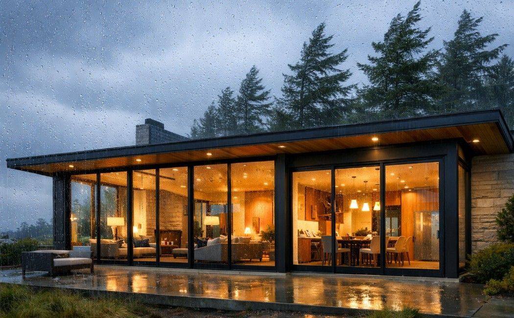 Home glass maintenance in Washington, rainy weather with modern windows and doors
