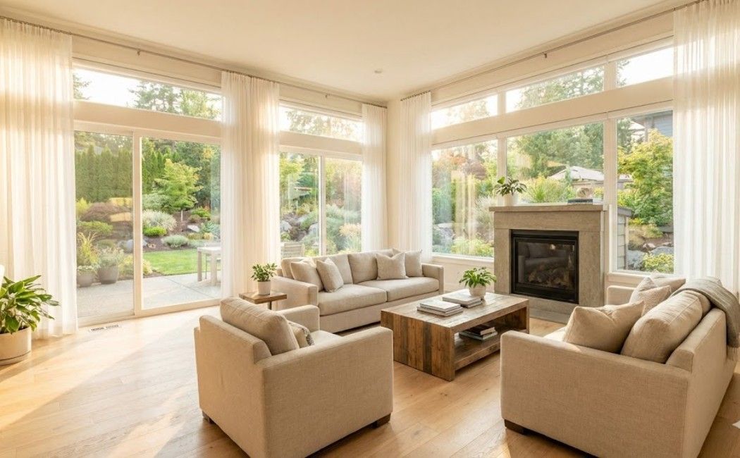 Modern Washington home interior with large vinyl windows and sliding glass doors maximizing natural 