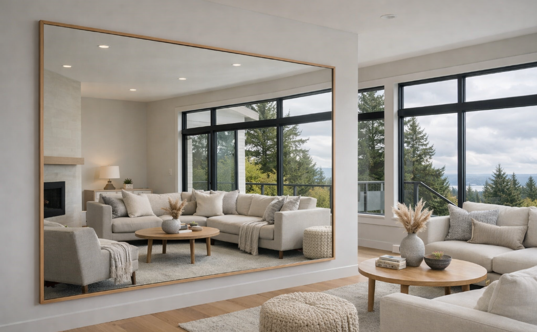 Custom wall mirror reflecting natural light inside a modern Washington home interior