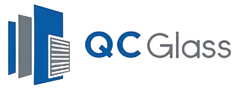 Logo for QC Glass featuring a graphic of three overlapping glass panels next to the text "QC Glass" in blue and gray.
