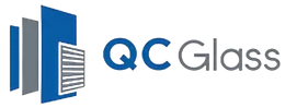 Logo for QC Glass featuring a graphic of three overlapping glass panels next to the text "QC Glass" in blue and gray.