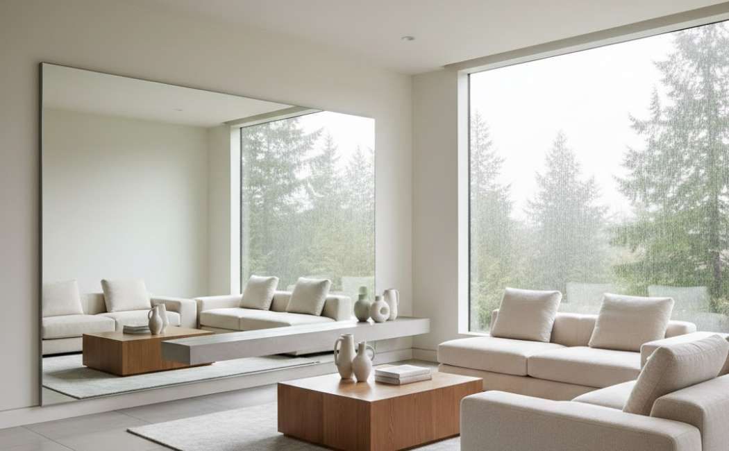 Custom mirror reflecting natural light in a modern Washington home interior
