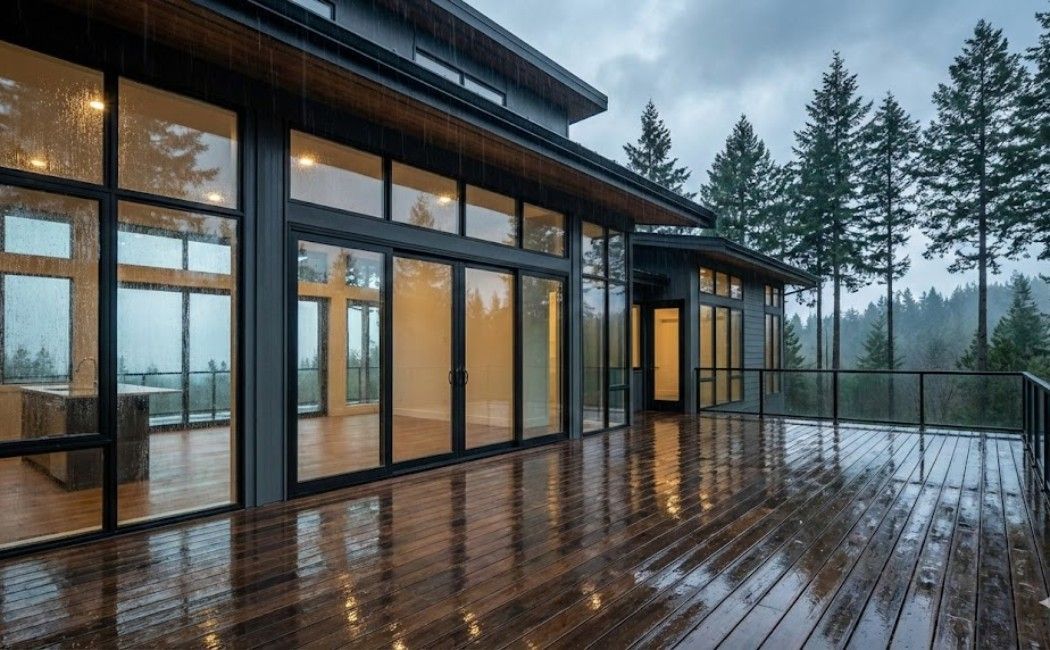Modern home exterior with rain-covered glass windows showing proper weather-resistant home glass mai