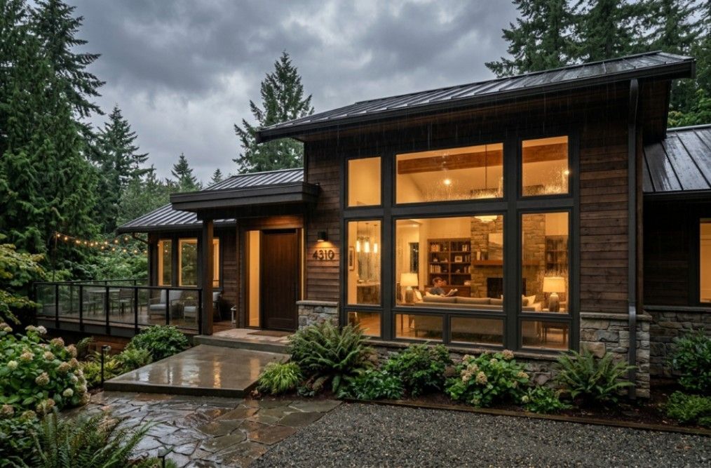 Energy-efficient vinyl windows in a Washington home during rainy weather with a modern exterior desi