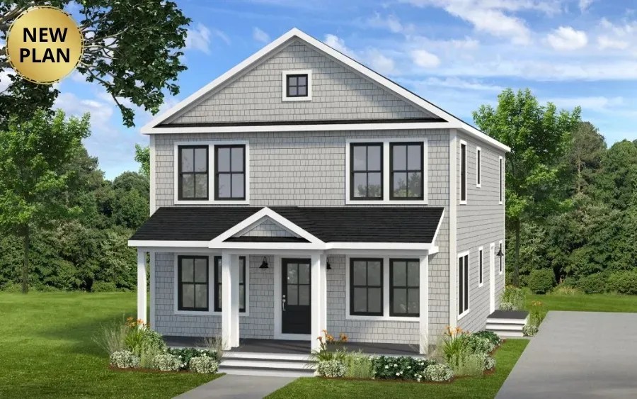 Two-story gray house with black accents, new plan announcement.