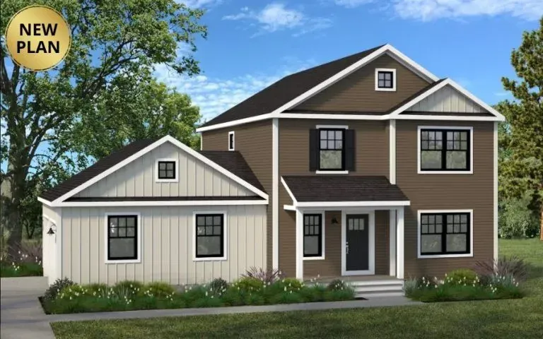 Two-story brown and beige house with black accents, front yard, and trees.