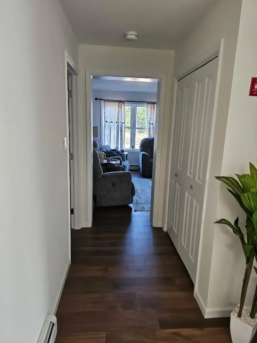 Hallway with dark wood flooring, leading to a living room with chairs, curtains, and a window. White walls and a closet.
