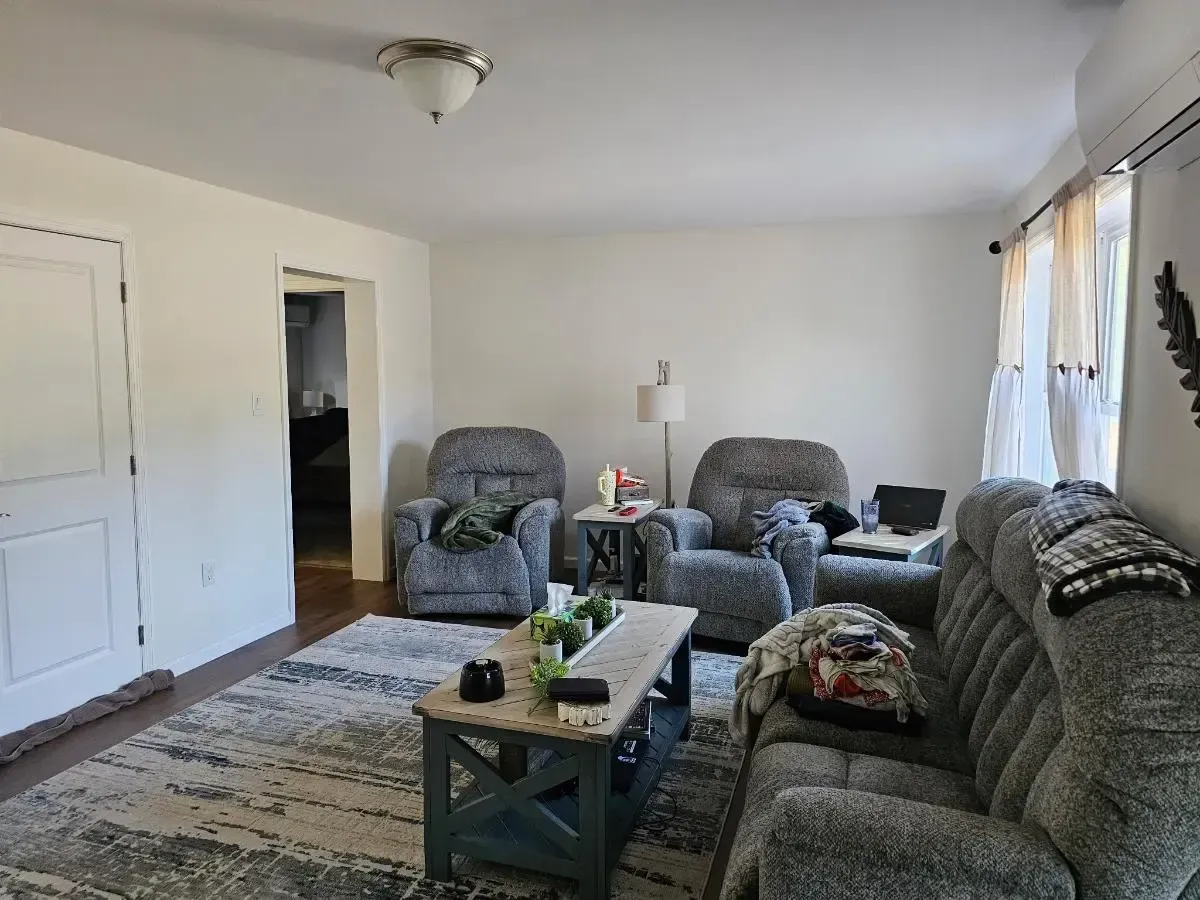 Living room with gray furniture, a rug, and a coffee table.