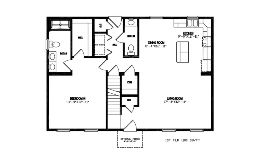 Floor plan for a one-story home featuring a bedroom, bathroom, kitchen, dining area, living room, and an optional porch.