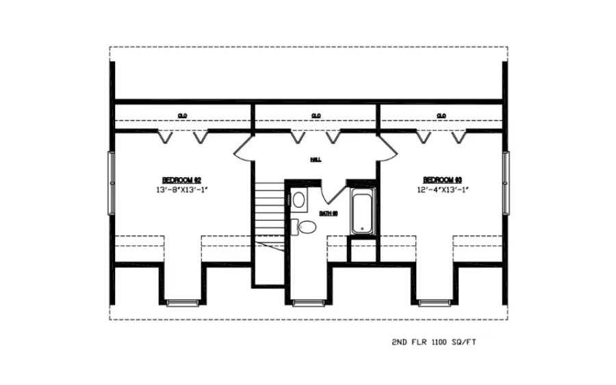 Floor plan for a second-story home layout featuring two bedrooms, a shared bathroom, a hallway, and closets.