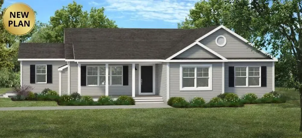 Gray single-story house with black shutters, door, and a