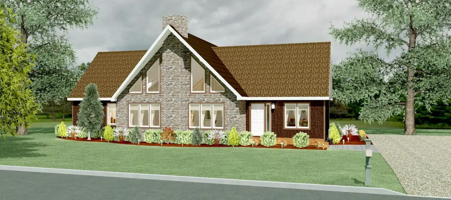 A suburban home with a stone facade, a peaked roof, and large windows, surrounded by a lawn and trees.