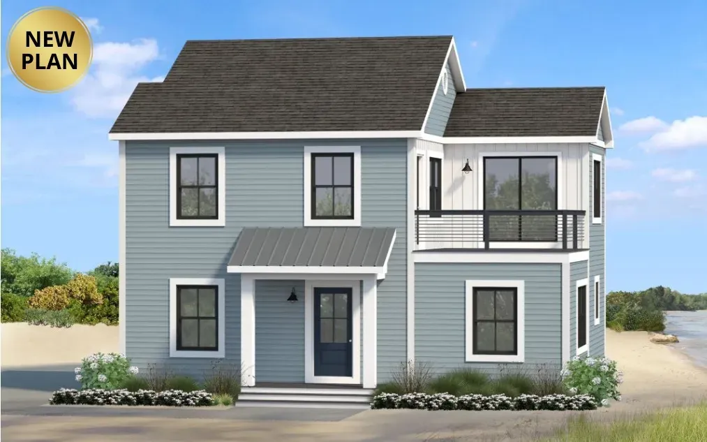Two-story blue house with black-framed windows, porch, and a balcony.
