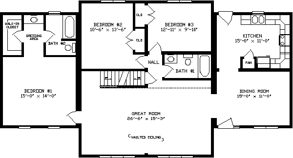 Floor plan for a home featuring a central great room, kitchen, dining room, three bedrooms, and two bathrooms.